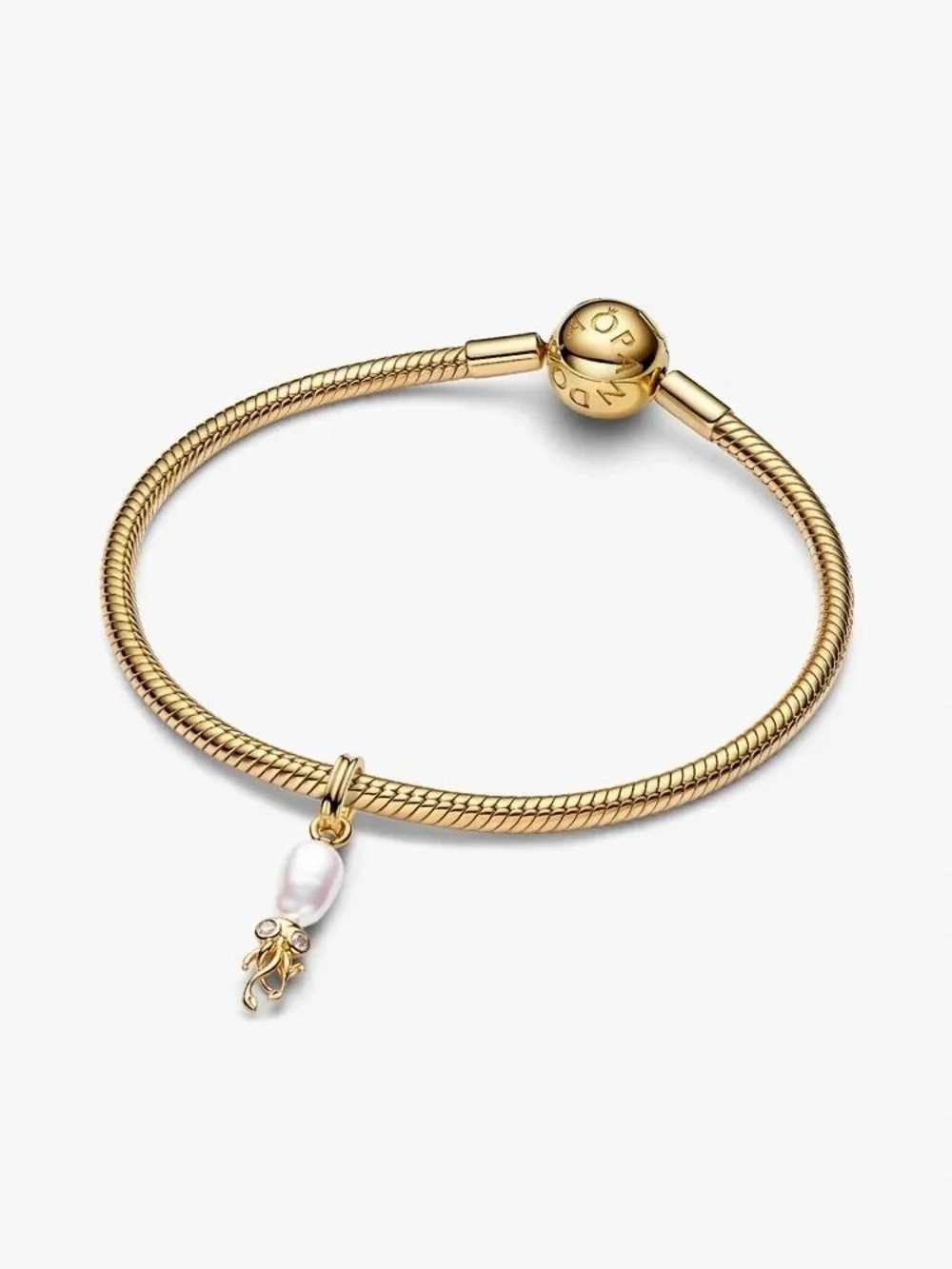 Pandora Gold Tone Snake Chain Bracelet with White Pearl Jellyfish Charm